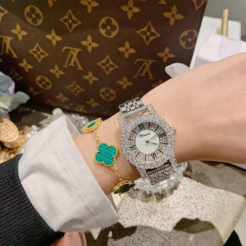 2019 Fashion Top Brand Luxury Fully Diamond Women Watches Quartz Waterproof Stainless Steel Roman Face Wrist Watches For Women