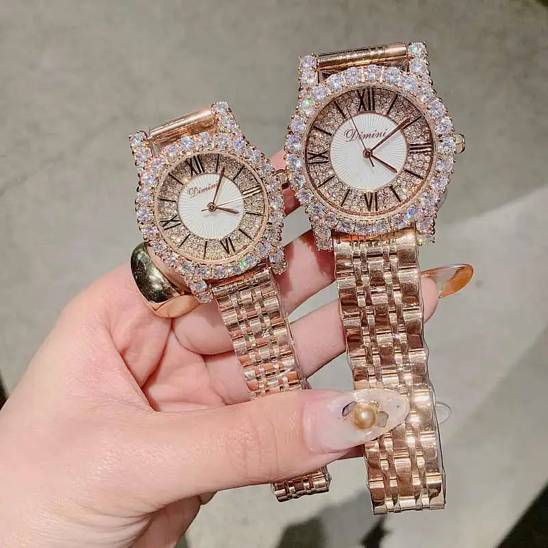 2019 Fashion Top Brand Luxury Fully Diamond Women Watches Quartz Waterproof Stainless Steel Roman Face Wrist Watches For Women