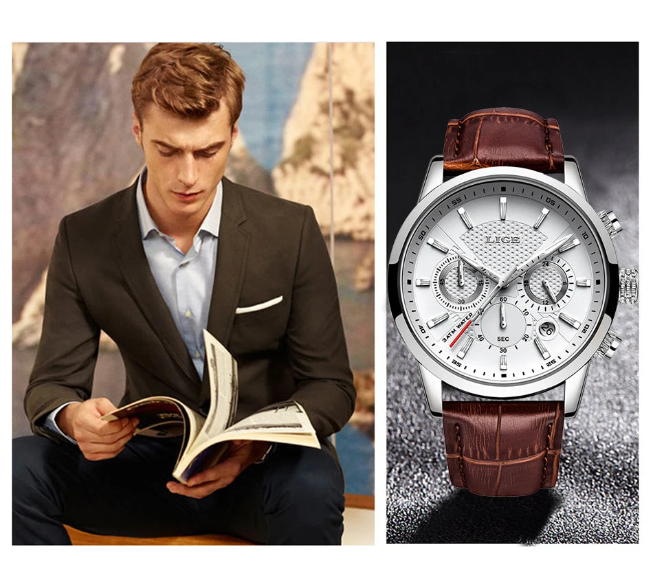LIGE Mens Watches Luxury Waterproof Sport Man Watch Chronograph Military Genuine Leather Men Quartz Wristwatch Relogio Masculino
