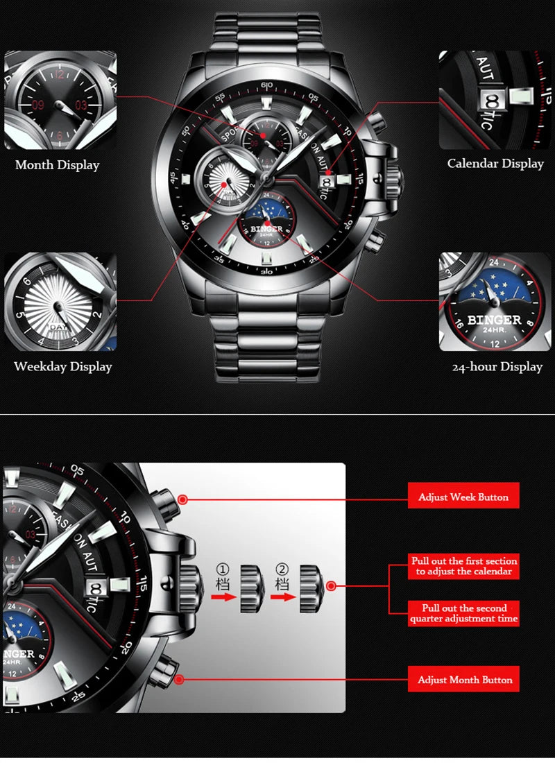 Switzerland Automatic Mechanical Watch Men Binger Sports Mens Watches Swimming Wristwatches Waterproof relogio masculino 2019