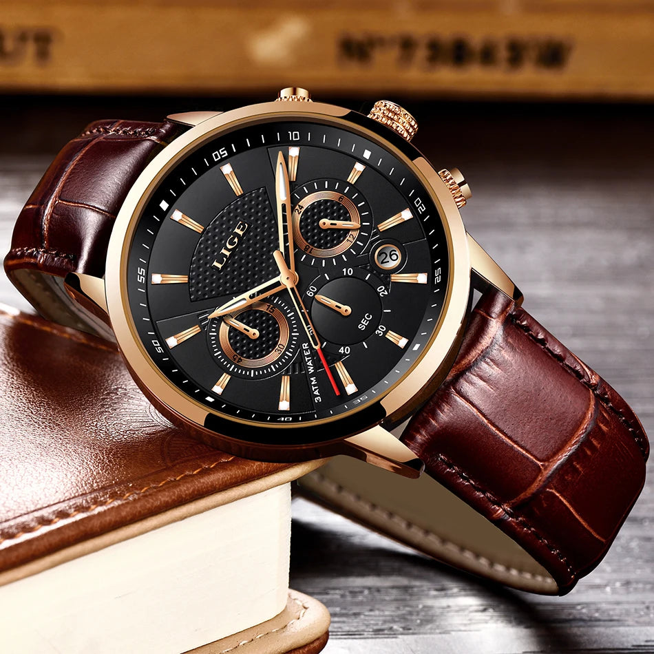 LIGE Mens Watches Luxury Waterproof Sport Man Watch Chronograph Military Genuine Leather Men Quartz Wristwatch Relogio Masculino