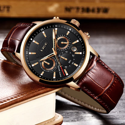 LIGE Mens Watches Luxury Waterproof Sport Man Watch Chronograph Military Genuine Leather Men Quartz Wristwatch Relogio Masculino