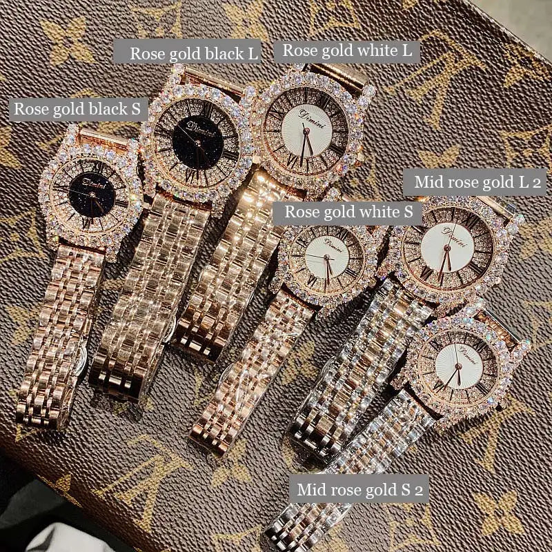 2019 Fashion Top Brand Luxury Fully Diamond Women Watches Quartz Waterproof Stainless Steel Roman Face Wrist Watches For Women