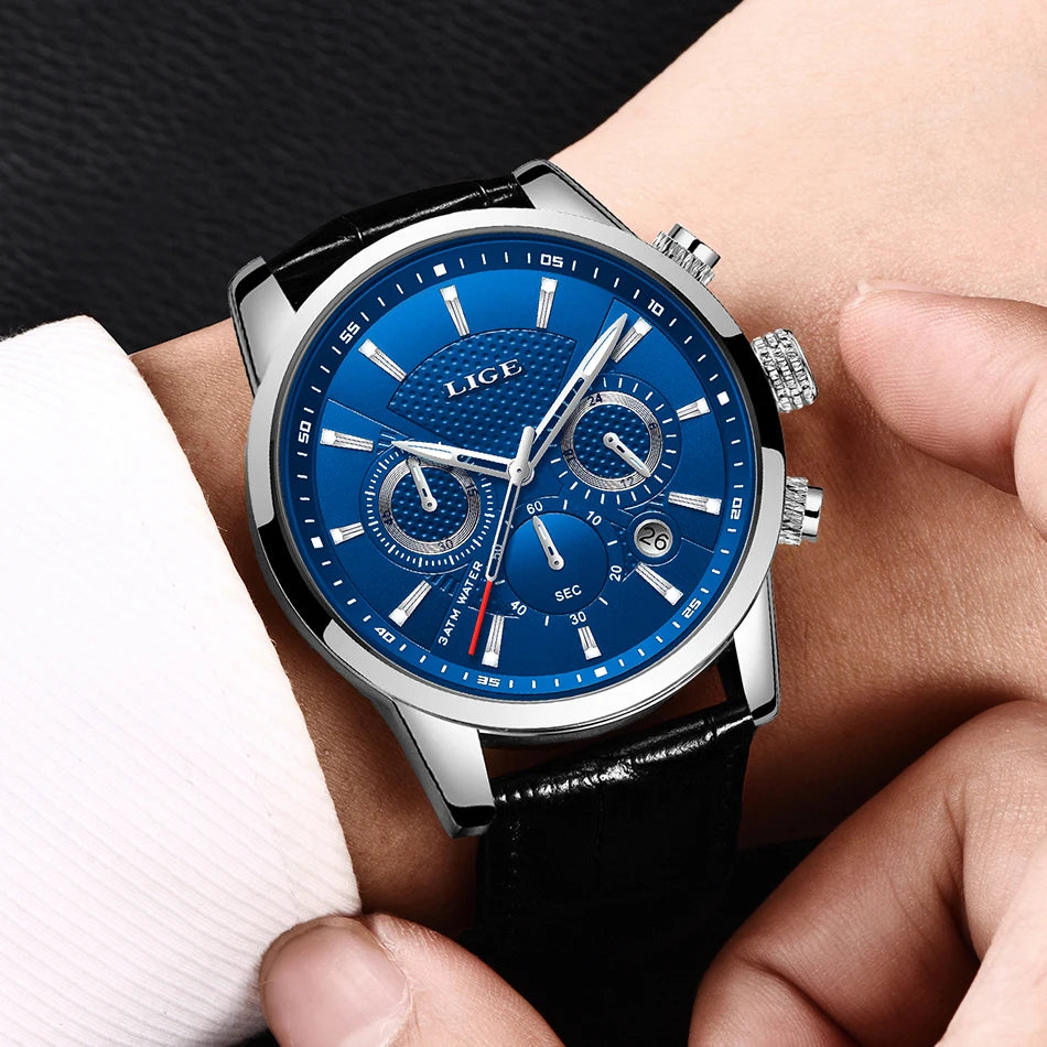 LIGE Mens Watches Luxury Waterproof Sport Man Watch Chronograph Military Genuine Leather Men Quartz Wristwatch Relogio Masculino