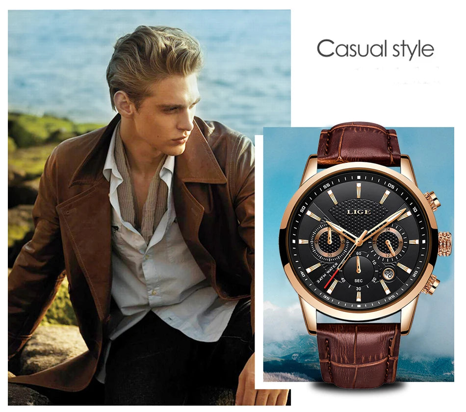 LIGE Mens Watches Luxury Waterproof Sport Man Watch Chronograph Military Genuine Leather Men Quartz Wristwatch Relogio Masculino
