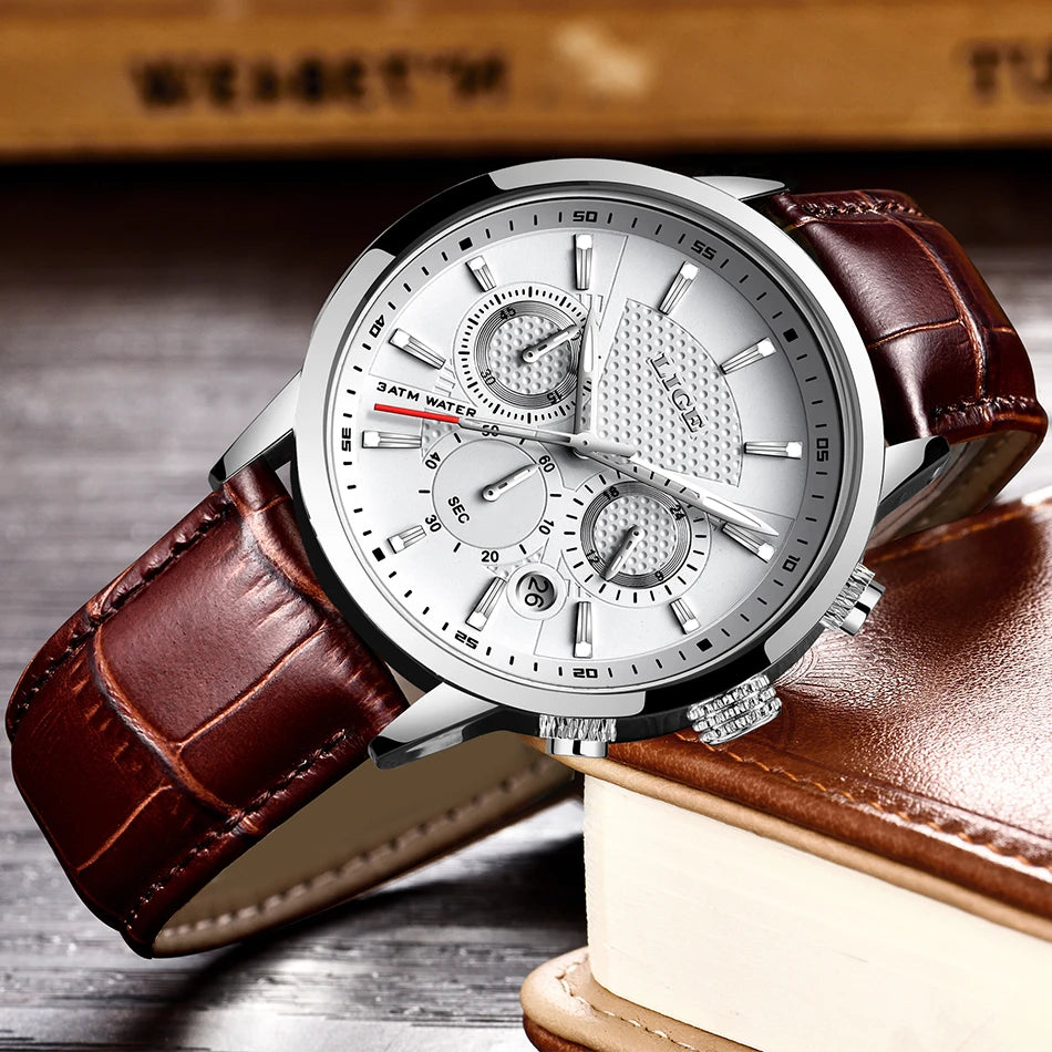 LIGE Mens Watches Luxury Waterproof Sport Man Watch Chronograph Military Genuine Leather Men Quartz Wristwatch Relogio Masculino