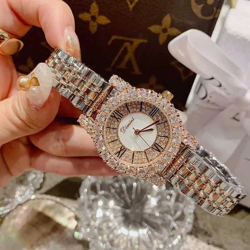 2019 Fashion Top Brand Luxury Fully Diamond Women Watches Quartz Waterproof Stainless Steel Roman Face Wrist Watches For Women