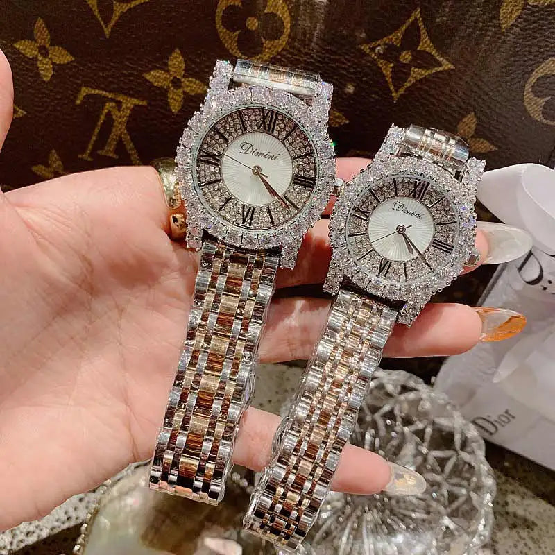 2019 Fashion Top Brand Luxury Fully Diamond Women Watches Quartz Waterproof Stainless Steel Roman Face Wrist Watches For Women
