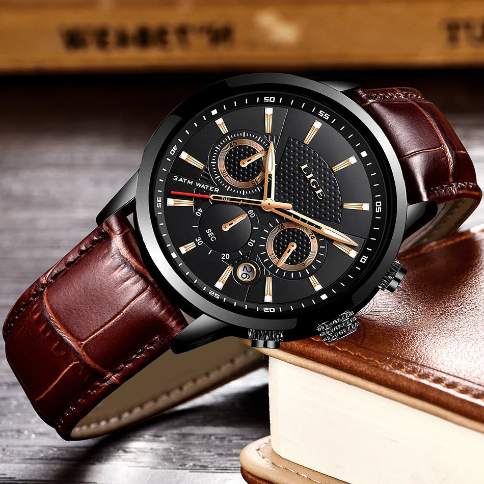 LIGE Mens Watches Luxury Waterproof Sport Man Watch Chronograph Military Genuine Leather Men Quartz Wristwatch Relogio Masculino