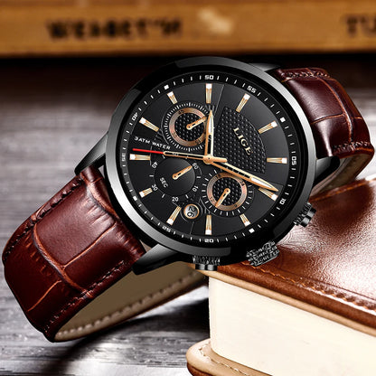 LIGE Mens Watches Luxury Waterproof Sport Man Watch Chronograph Military Genuine Leather Men Quartz Wristwatch Relogio Masculino