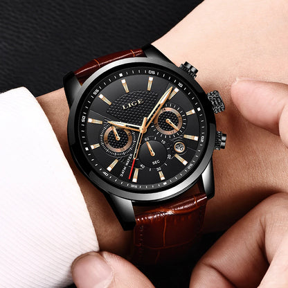 LIGE Mens Watches Luxury Waterproof Sport Man Watch Chronograph Military Genuine Leather Men Quartz Wristwatch Relogio Masculino