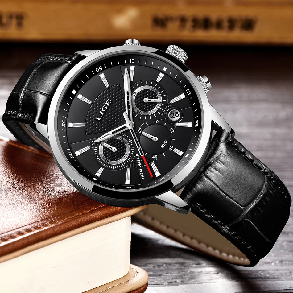 LIGE Mens Watches Luxury Waterproof Sport Man Watch Chronograph Military Genuine Leather Men Quartz Wristwatch Relogio Masculino
