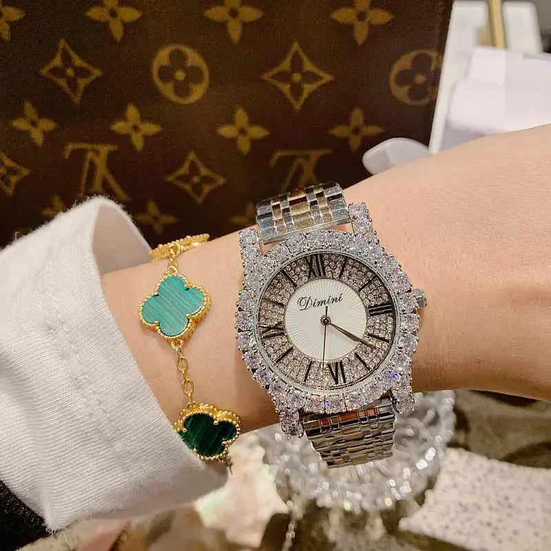 2019 Fashion Top Brand Luxury Fully Diamond Women Watches Quartz Waterproof Stainless Steel Roman Face Wrist Watches For Women