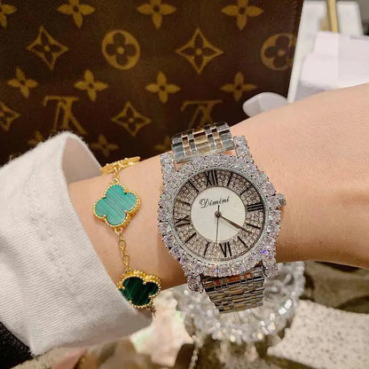 2019 Fashion Top Brand Luxury Fully Diamond Women Watches Quartz Waterproof Stainless Steel Roman Face Wrist Watches For Women