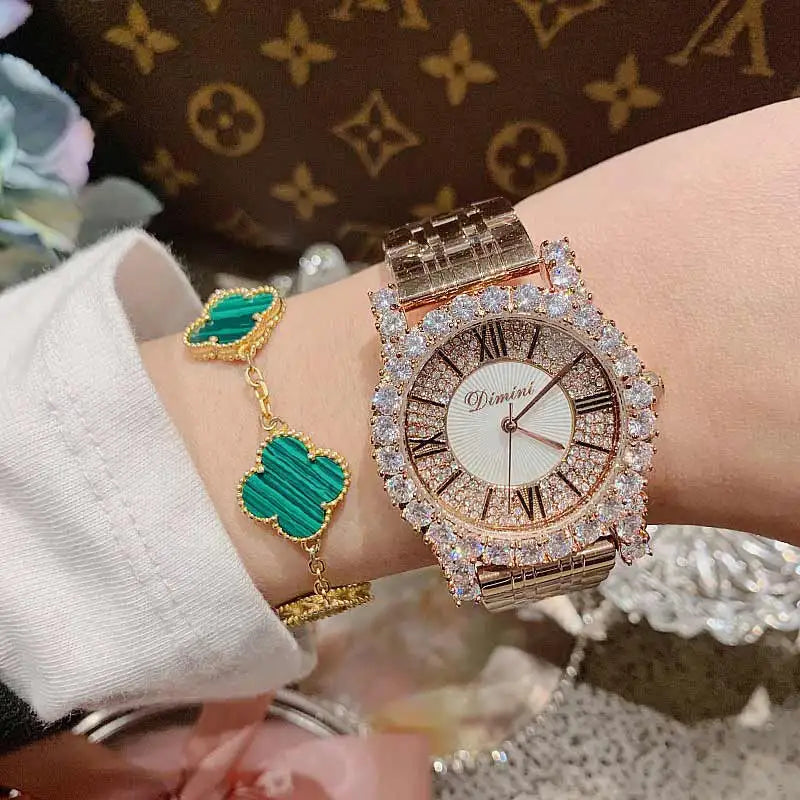 2019 Fashion Top Brand Luxury Fully Diamond Women Watches Quartz Waterproof Stainless Steel Roman Face Wrist Watches For Women