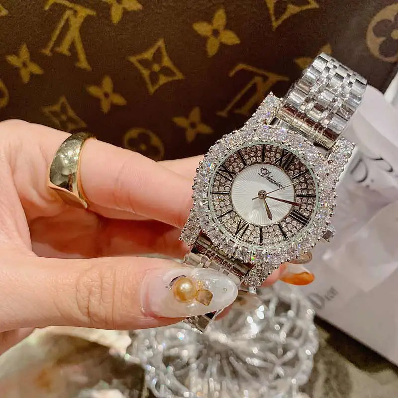 2019 Fashion Top Brand Luxury Fully Diamond Women Watches Quartz Waterproof Stainless Steel Roman Face Wrist Watches For Women