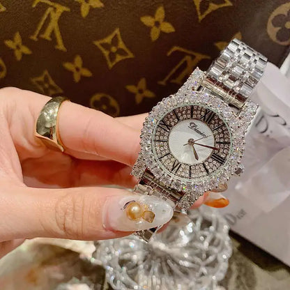 2019 Fashion Top Brand Luxury Fully Diamond Women Watches Quartz Waterproof Stainless Steel Roman Face Wrist Watches For Women