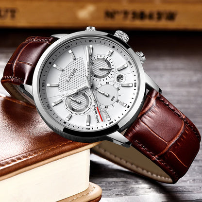 LIGE Mens Watches Luxury Waterproof Sport Man Watch Chronograph Military Genuine Leather Men Quartz Wristwatch Relogio Masculino
