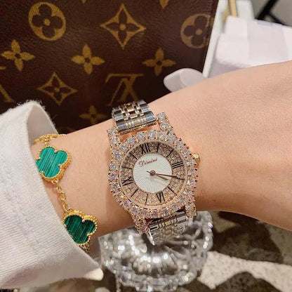 2019 Fashion Top Brand Luxury Fully Diamond Women Watches Quartz Waterproof Stainless Steel Roman Face Wrist Watches For Women