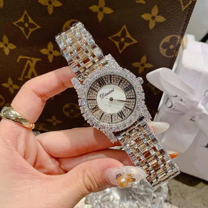 2019 Fashion Top Brand Luxury Fully Diamond Women Watches Quartz Waterproof Stainless Steel Roman Face Wrist Watches For Women