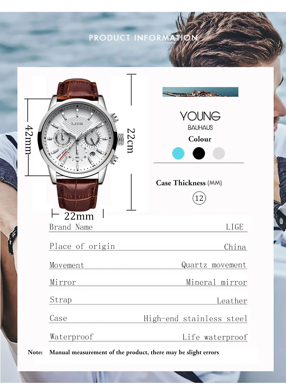 LIGE Mens Watches Luxury Waterproof Sport Man Watch Chronograph Military Genuine Leather Men Quartz Wristwatch Relogio Masculino