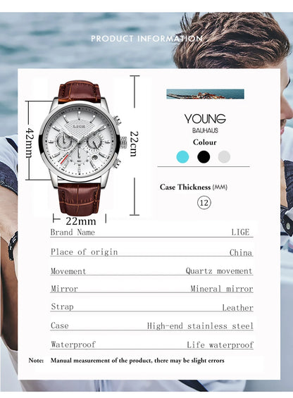 LIGE Mens Watches Luxury Waterproof Sport Man Watch Chronograph Military Genuine Leather Men Quartz Wristwatch Relogio Masculino