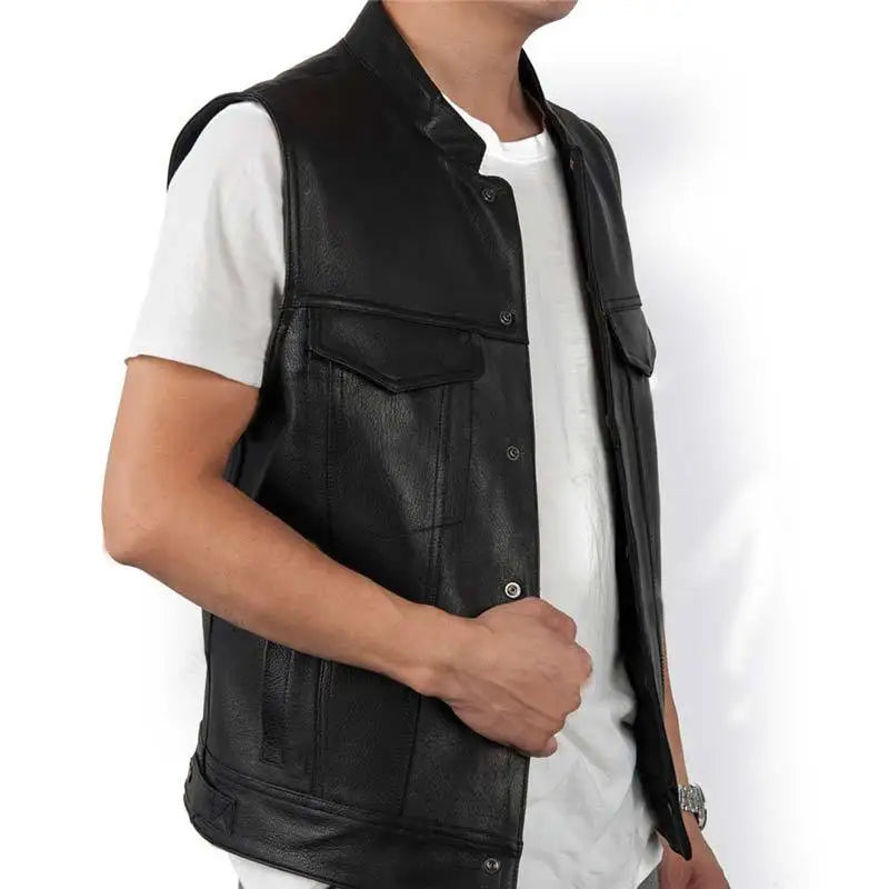 Men Motorcycle Spring Jackets SOA Punk Black Motorbike Gilet Sons of Anarchy Leather Moto Jacket Vest