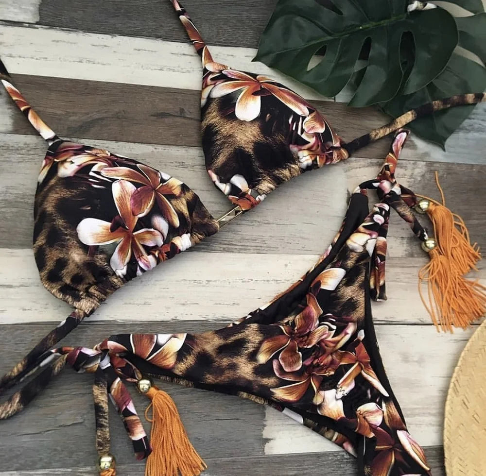 RUOTONGSEPT Sexy Micro Bikinis Set 2024 New Swimsuit Women Feather Print Bandage Swimwear Female Bathing Suit Brazilian Biquinis