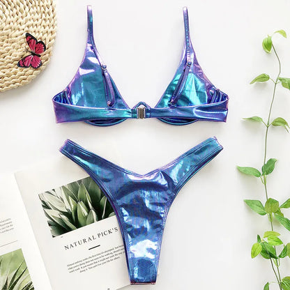 Sexy Neon V-bar Underwired Bikini 2025 Female Ribbed Swimsuit Women Thong Swimwear Two-pieces Bikini set Push up Bathing Suit