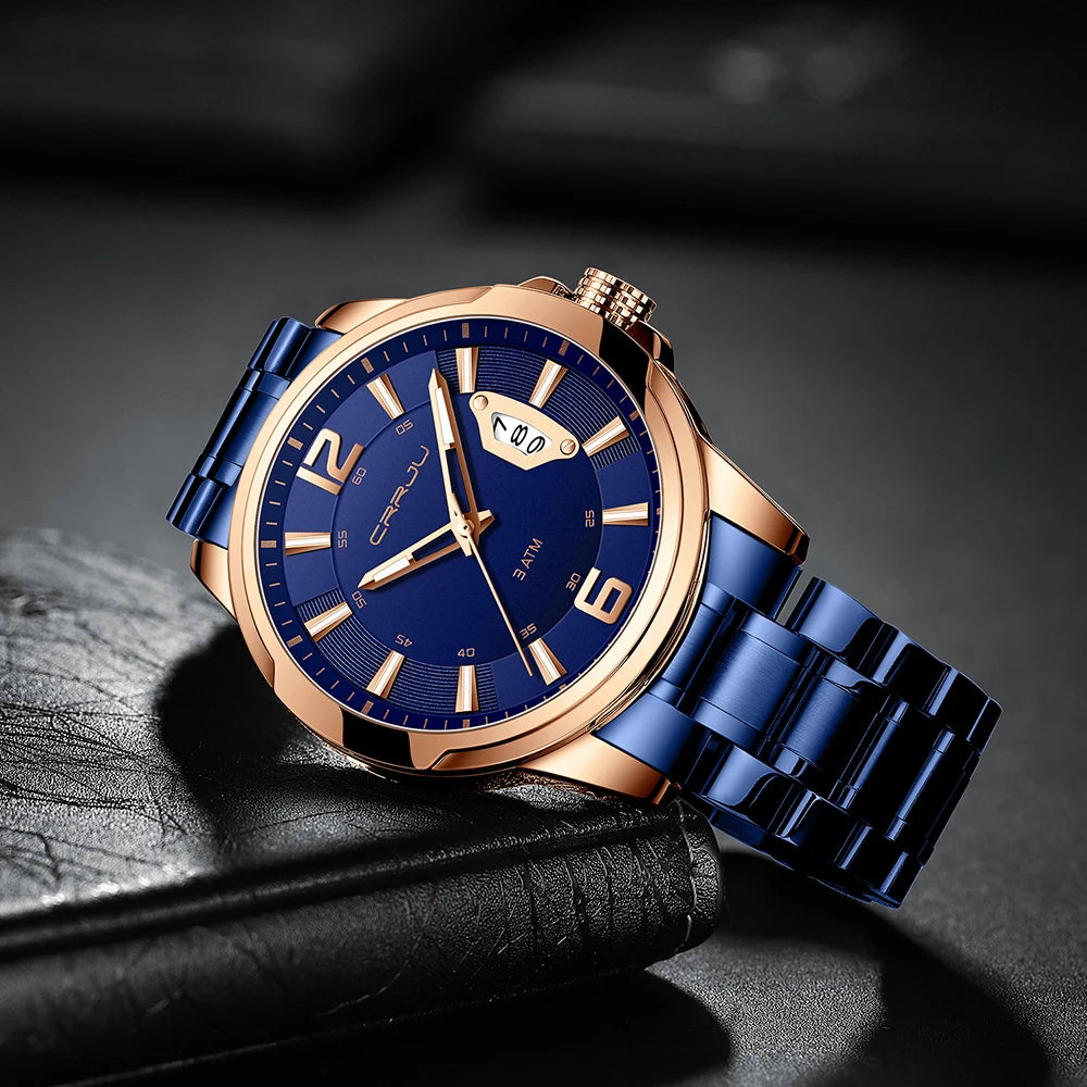 CRRJU Mens Watches Luxury Stainless Steel Business Man Watch  Classic Calendar Waterproof Quartz Watch for Men Relogio Masculino
