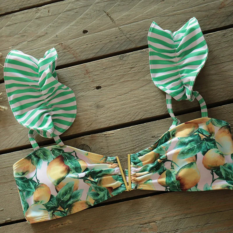 Two-Pieces Women Floral 2025 Push-Up Padded Bra Ruffles Bandage Bikini Set Swimsuit Swimwear Bathing Suit Beachwear Biquini
