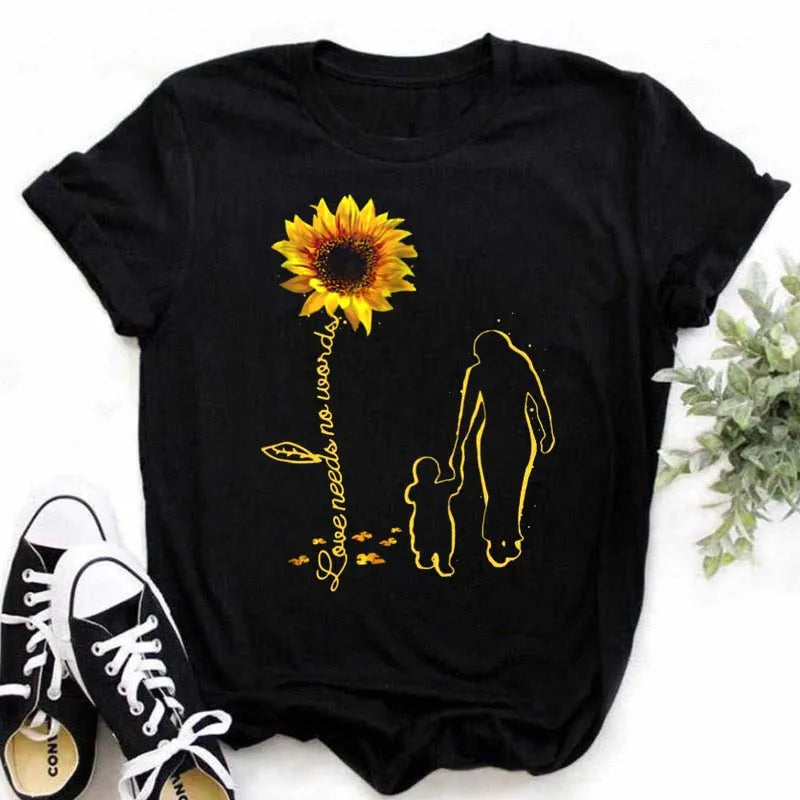 Maycaur Women's T-shirt Casual Kawaii Sunflower Butterfly Pattern Print Tshirt Comfortable Casual Women's Clothing Black Top