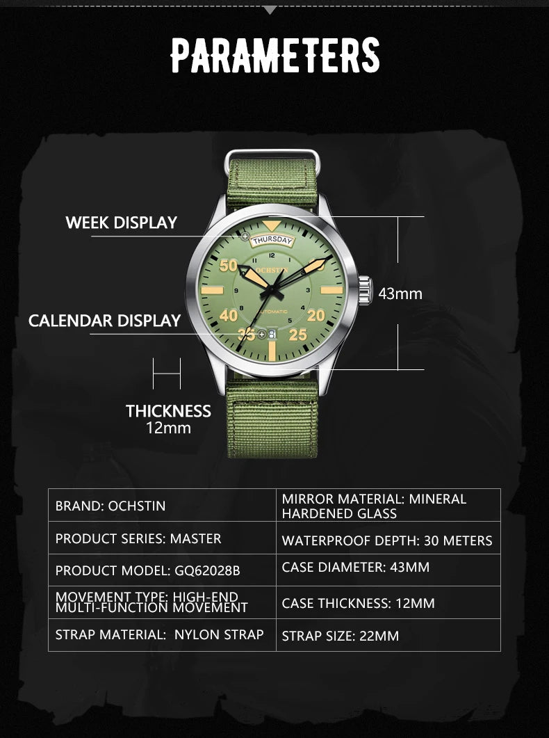 OCHSTIN New Top Brand Automatic Mechanical Watches for Men Military Nylon Strap Pilot Watch Male Auto Date Day Relogio Masculino