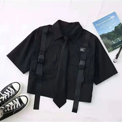 Fashion Cargo Pants Suit Female Harajuku Casual Shirt Short-Sleeved Top High Waist Loose Joggers Trousers Women Pants Streetwear