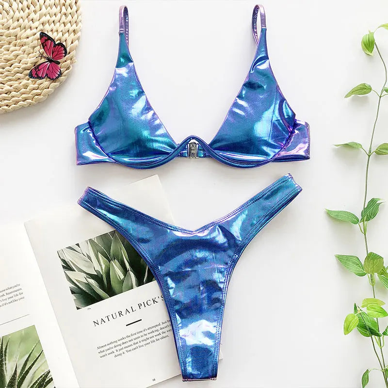 Sexy Neon V-bar Underwired Bikini 2025 Female Ribbed Swimsuit Women Thong Swimwear Two-pieces Bikini set Push up Bathing Suit