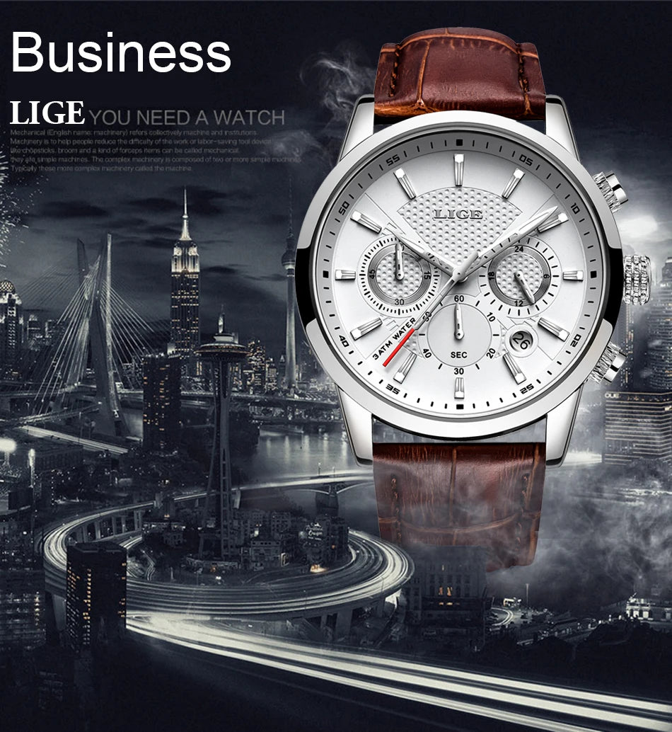 LIGE Mens Watches Luxury Waterproof Sport Man Watch Chronograph Military Genuine Leather Men Quartz Wristwatch Relogio Masculino