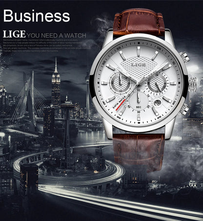 LIGE Mens Watches Luxury Waterproof Sport Man Watch Chronograph Military Genuine Leather Men Quartz Wristwatch Relogio Masculino