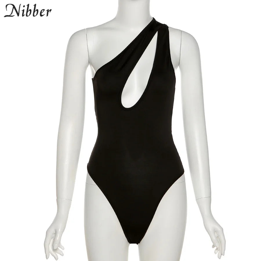 Nibber Sexy Beach Hollow Out Bodysuit 2021 Women Summer One Shoulder Elastic Slim Skinny Swimsuit Bodysuit Streetwear Outfit Hot