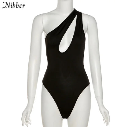 Nibber Sexy Beach Hollow Out Bodysuit 2021 Women Summer One Shoulder Elastic Slim Skinny Swimsuit Bodysuit Streetwear Outfit Hot