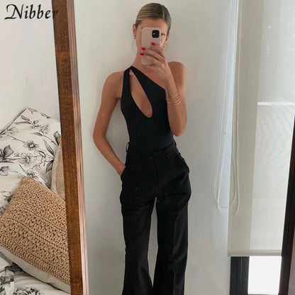 Nibber Sexy Beach Hollow Out Bodysuit 2021 Women Summer One Shoulder Elastic Slim Skinny Swimsuit Bodysuit Streetwear Outfit Hot