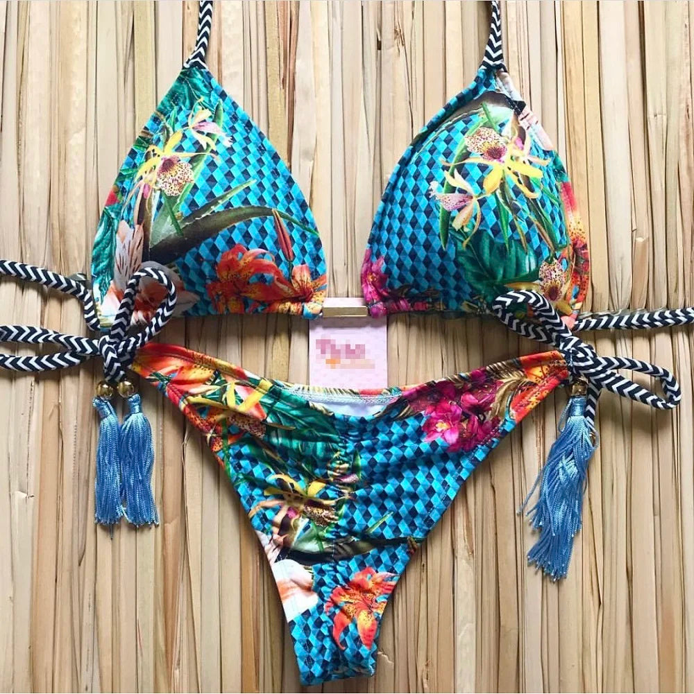 RUOTONGSEPT Sexy Micro Bikinis Set 2024 New Swimsuit Women Feather Print Bandage Swimwear Female Bathing Suit Brazilian Biquinis