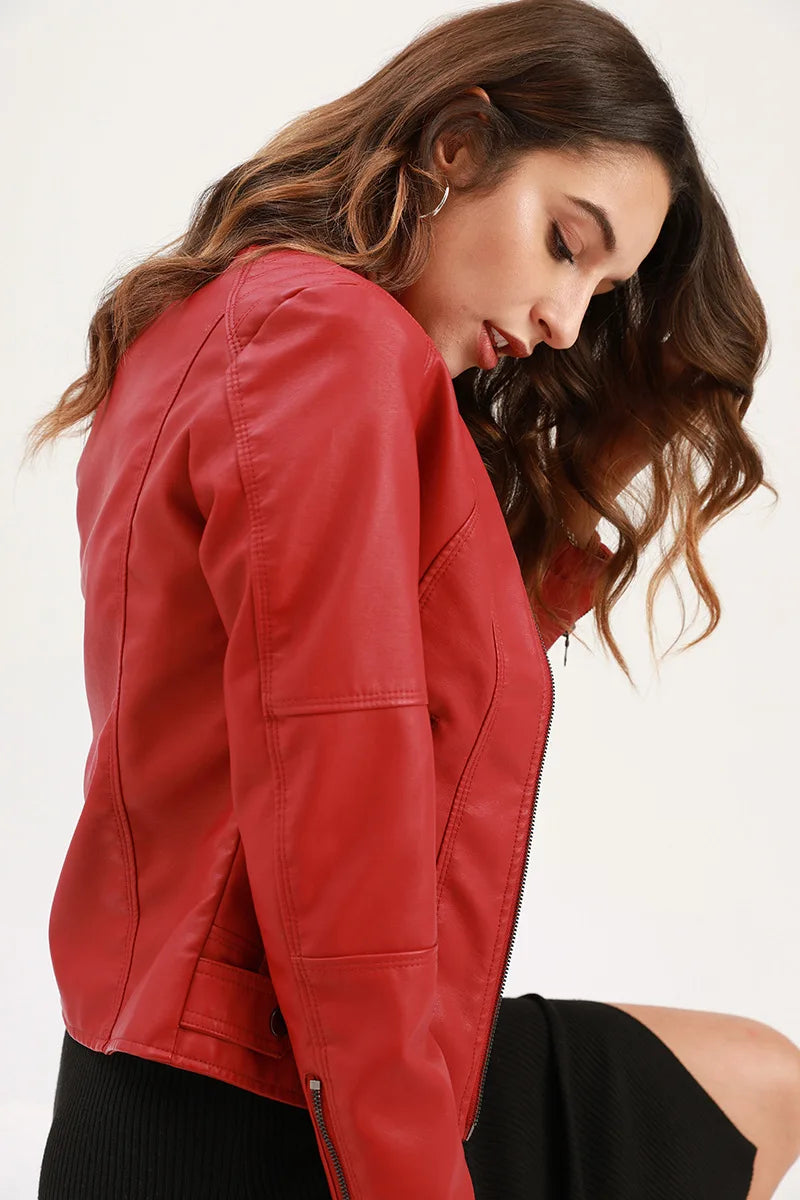 Faux Leather Jacket Women 2026 Autumn Spring Women's Moto Biker Jacket Red Black Coat Brown Purple Blue 3xl 4xl Coffee XS Beige