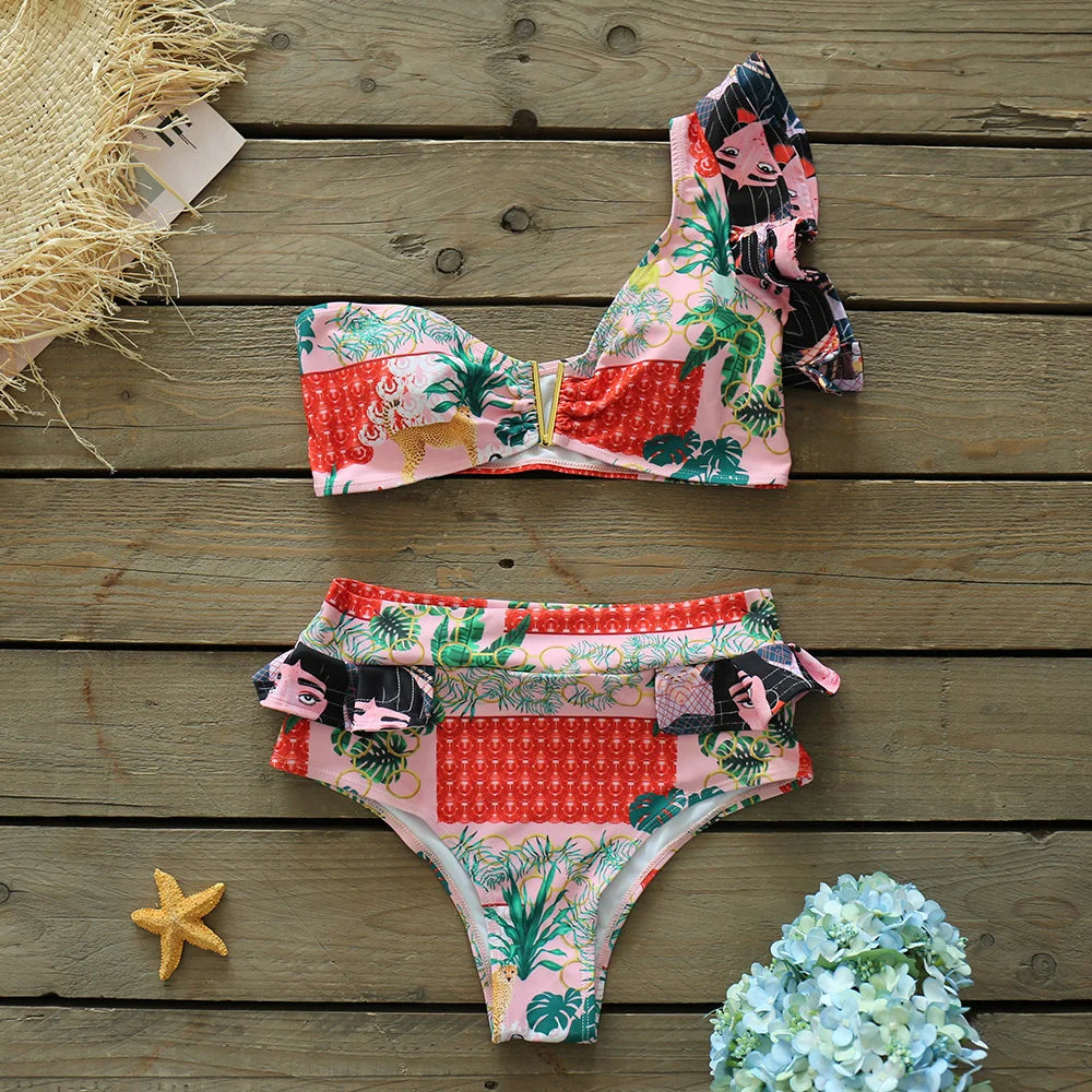 Two-Pieces Women Floral 2025 Push-Up Padded Bra Ruffles Bandage Bikini Set Swimsuit Swimwear Bathing Suit Beachwear Biquini