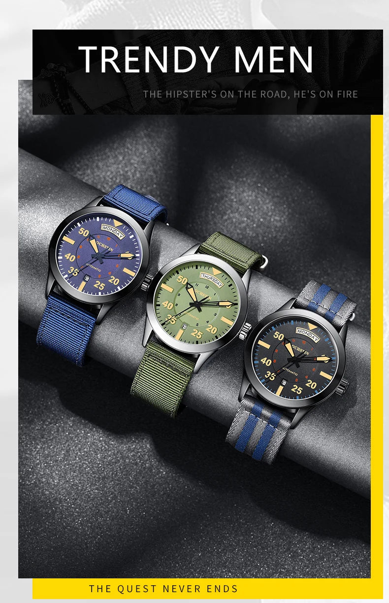 OCHSTIN New Top Brand Automatic Mechanical Watches for Men Military Nylon Strap Pilot Watch Male Auto Date Day Relogio Masculino