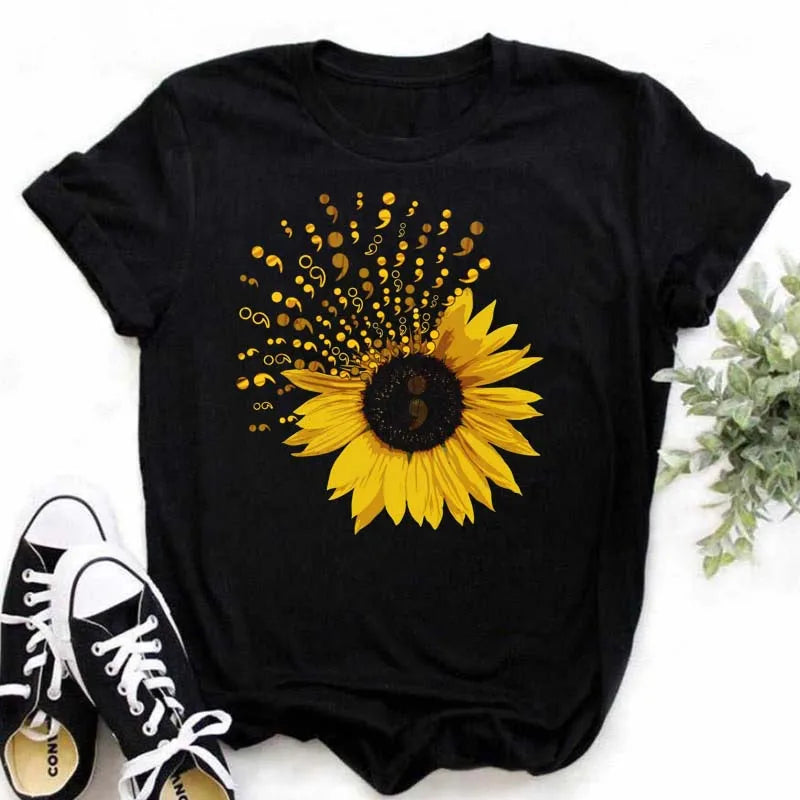 Maycaur Women's T-shirt Casual Kawaii Sunflower Butterfly Pattern Print Tshirt Comfortable Casual Women's Clothing Black Top