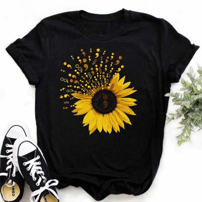 Maycaur Women's T-shirt Casual Kawaii Sunflower Butterfly Pattern Print Tshirt Comfortable Casual Women's Clothing Black Top