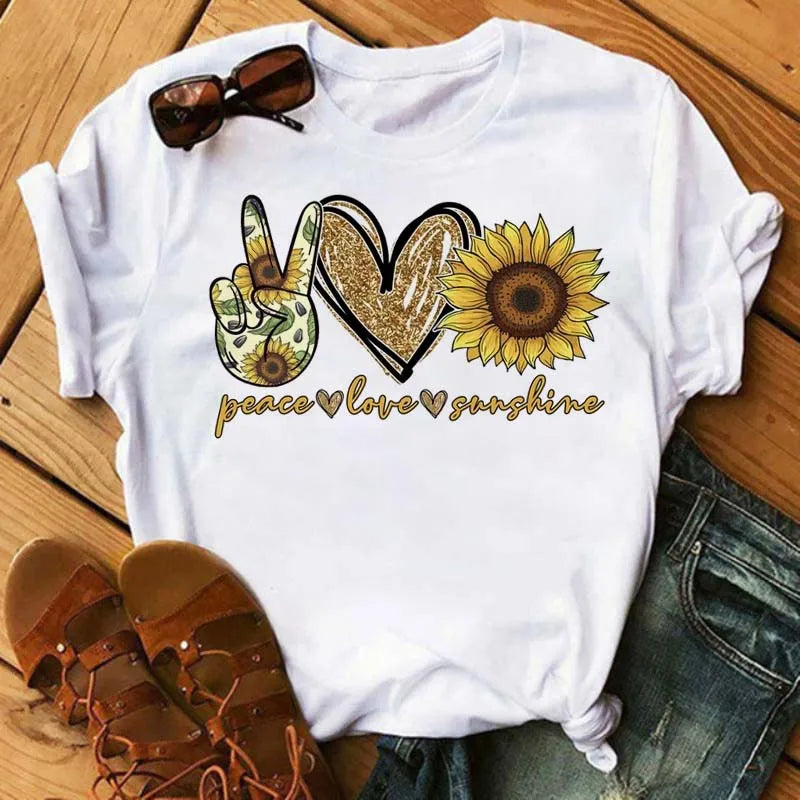 Maycaur Women's T-shirt Casual Kawaii Sunflower Butterfly Pattern Print Tshirt Comfortable Casual Women's Clothing Black Top