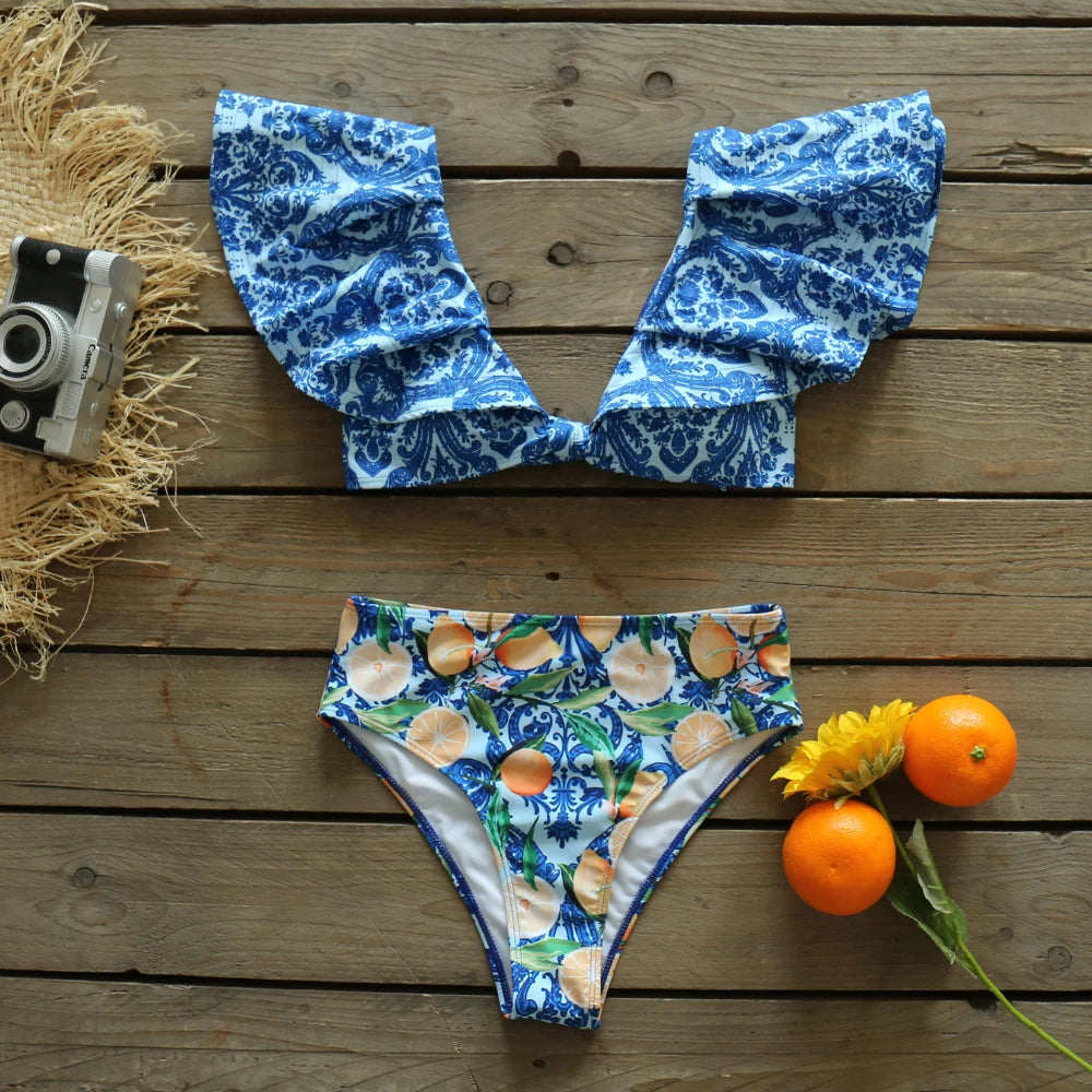 Two-Pieces Women Floral 2025 Push-Up Padded Bra Ruffles Bandage Bikini Set Swimsuit Swimwear Bathing Suit Beachwear Biquini
