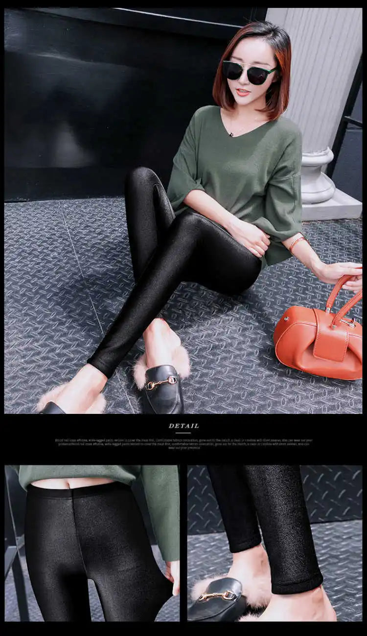 Autumn Winter Thick Leggings Fashion Solid Slim Pants Lady fleece Warm Leggings Casual Black Shiny High Waist Leggings