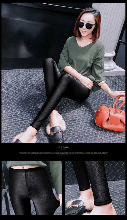 Autumn Winter Thick Leggings Fashion Solid Slim Pants Lady fleece Warm Leggings Casual Black Shiny High Waist Leggings